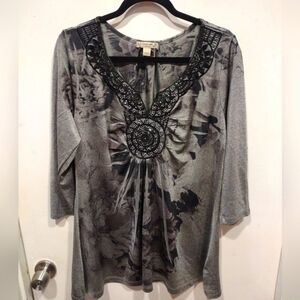Energe Silver & Black Floral Embellished Tunic Top 1X-Fairy Whimsigoth Babydoll